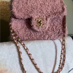 Crochet Pink Bouclé Mini Flap Bag with Gold Chain